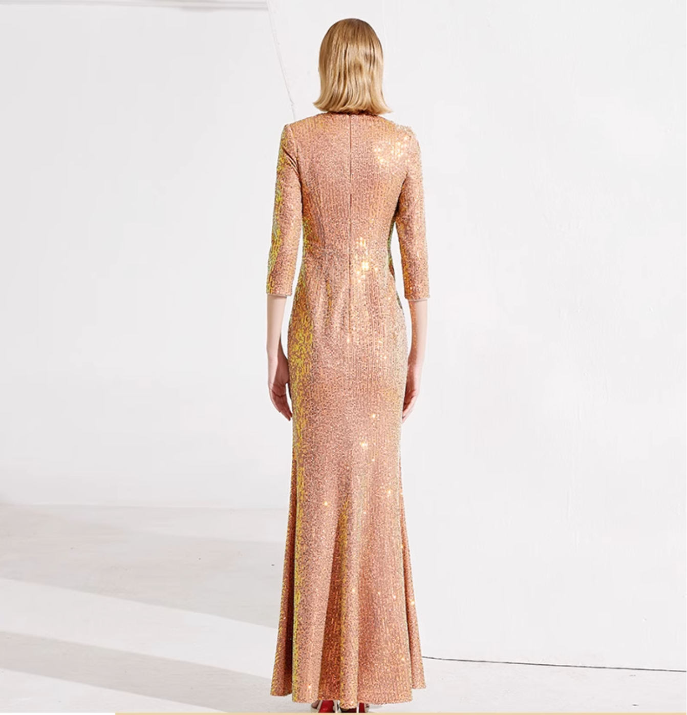 sequined column dress with floral shoulder applique – ZINA
