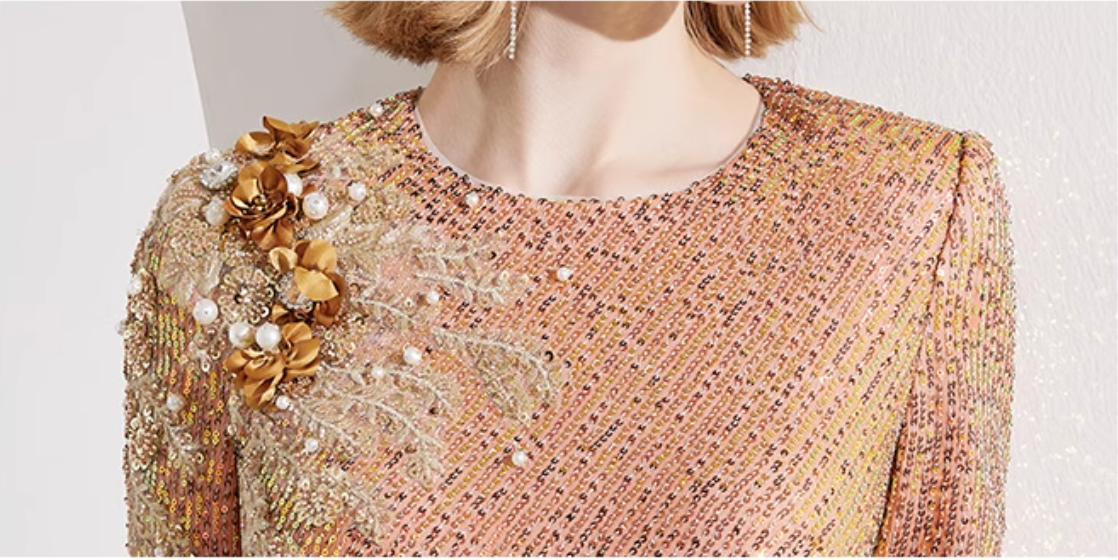 sequined column dress with floral shoulder applique – ZINA