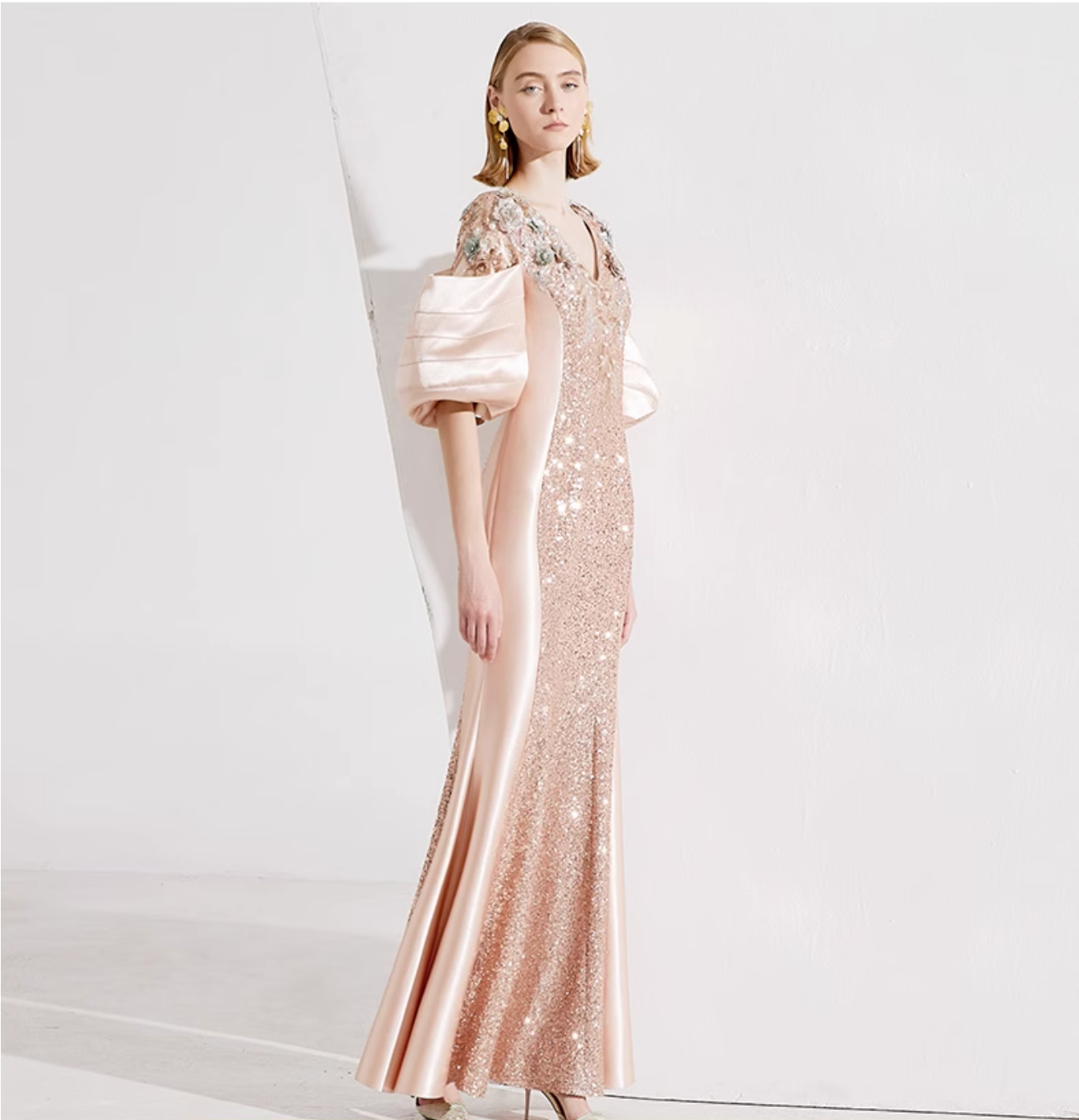 sequin panel gown with puff sleeves - SEREIA