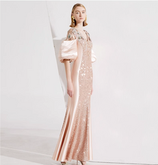sequin panel gown with puff sleeves - SEREIA