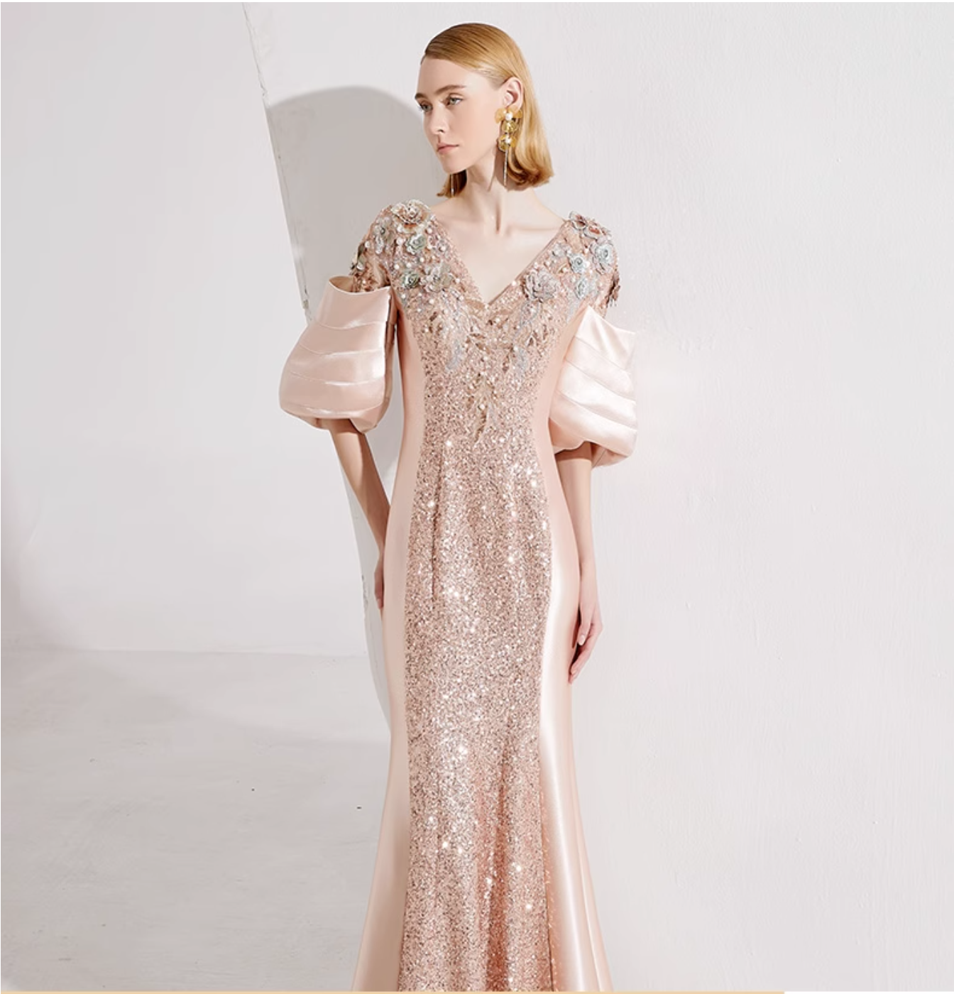 sequin panel gown with puff sleeves - SEREIA