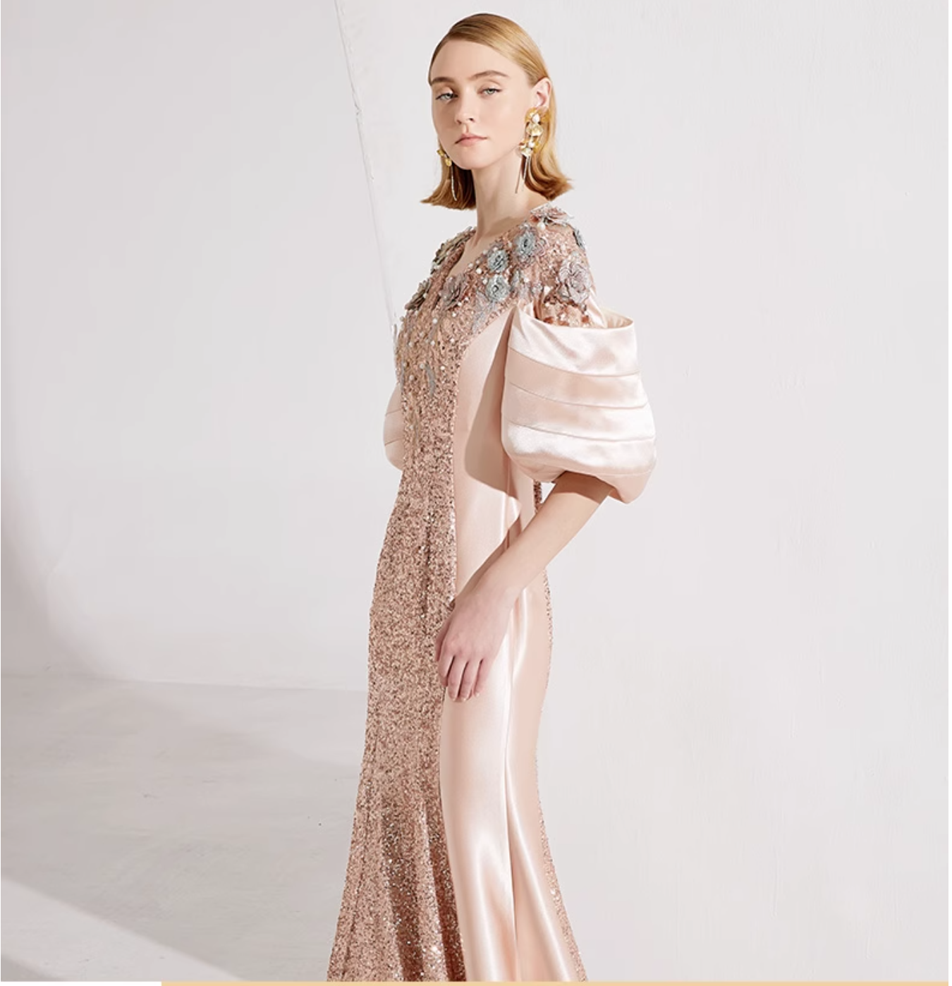 sequin panel gown with puff sleeves - SEREIA