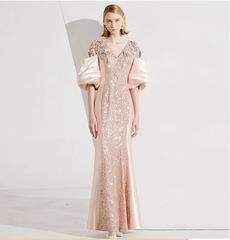 sequin panel gown with puff sleeves - SEREIA