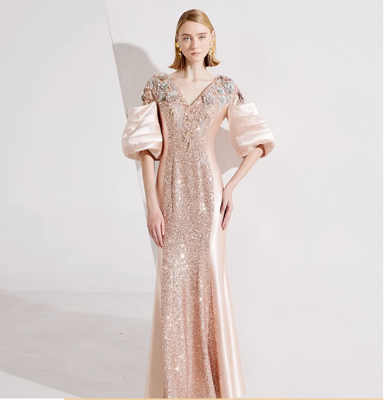 sequin panel gown with puff sleeves - SEREIA