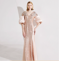 sequin panel gown with puff sleeves - SEREIA