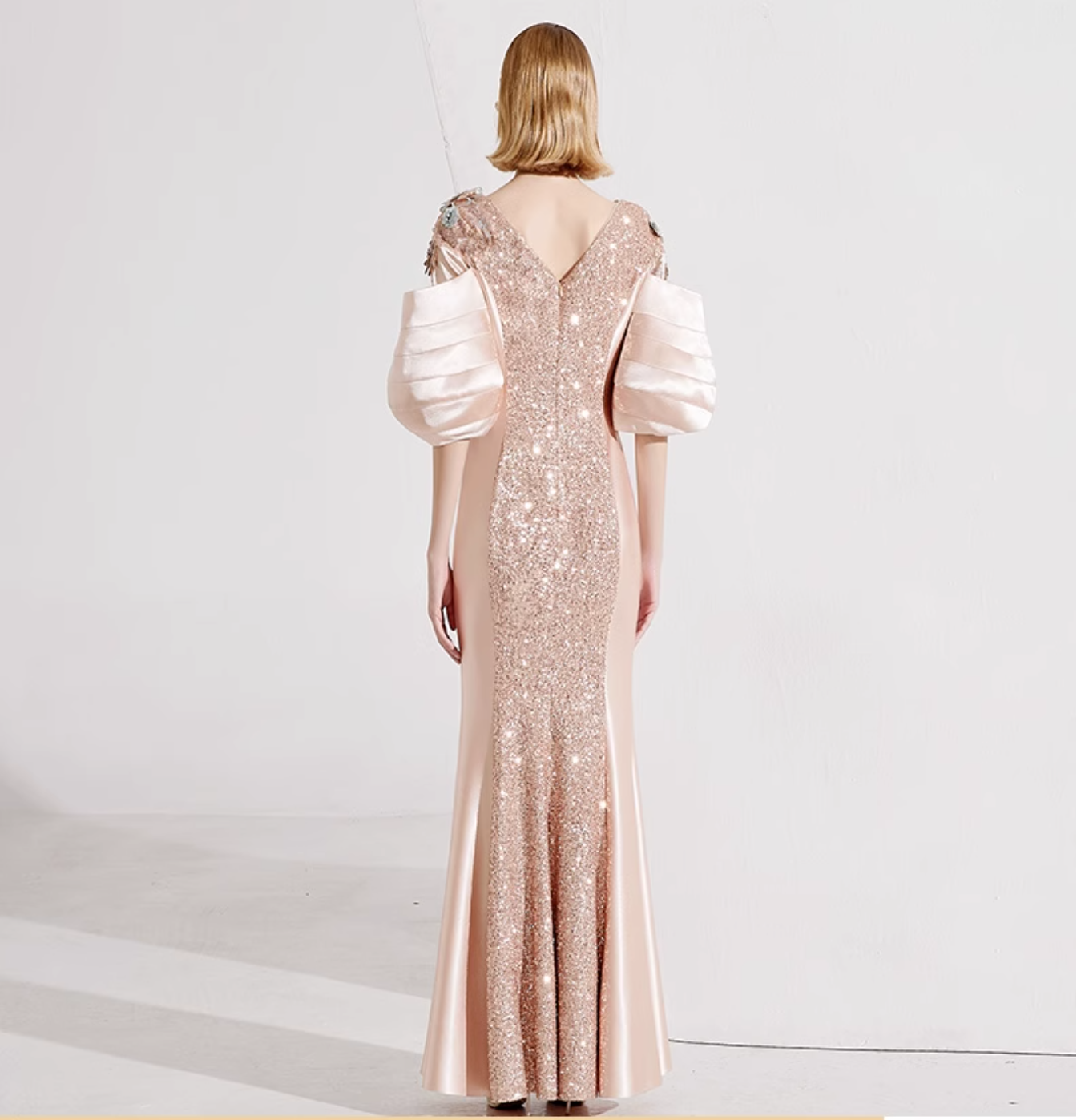 sequin panel gown with puff sleeves - SEREIA