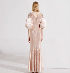 sequin panel gown with puff sleeves - SEREIA