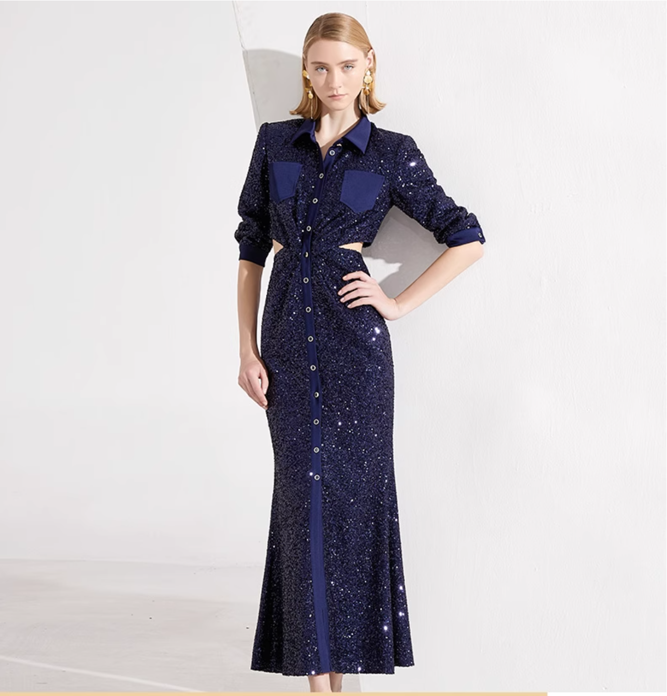 sequined shirt dress with side cutouts and button-down front – STELLA
