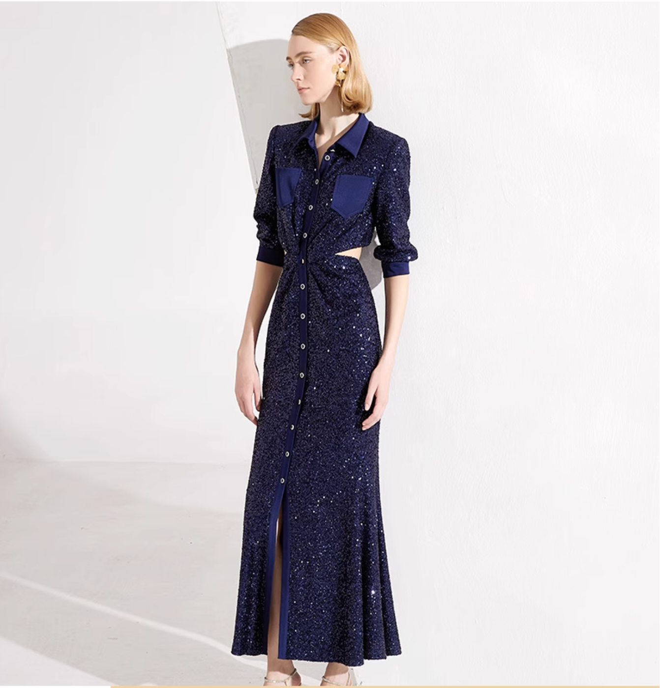 sequined shirt dress with side cutouts and button-down front – STELLA