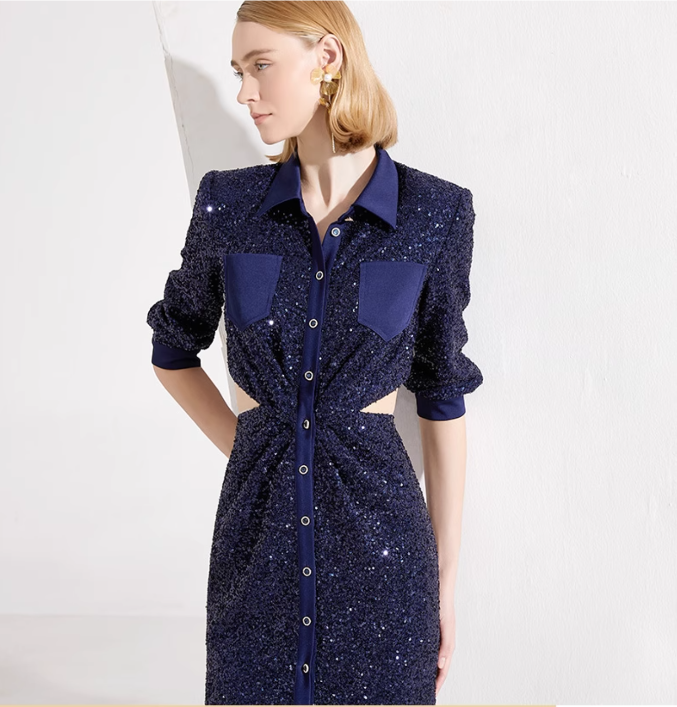 sequined shirt dress with side cutouts and button-down front – STELLA