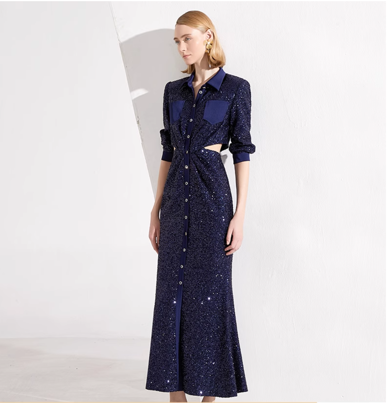 sequined shirt dress with side cutouts and button-down front – STELLA