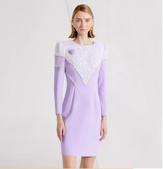 long-sleeve mini dress with sequined yoke and shoulder rose – LILIA