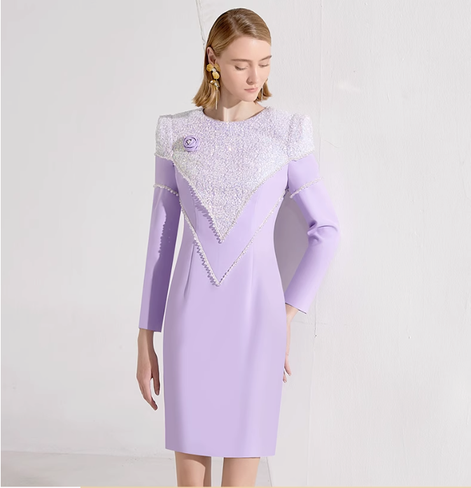 long-sleeve mini dress with sequined yoke and shoulder rose – LILIA