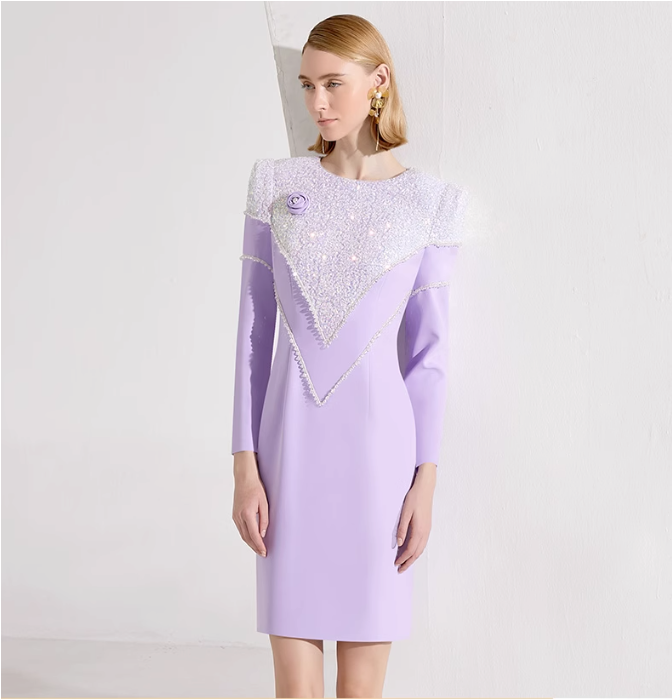 long-sleeve mini dress with sequined yoke and shoulder rose – LILIA