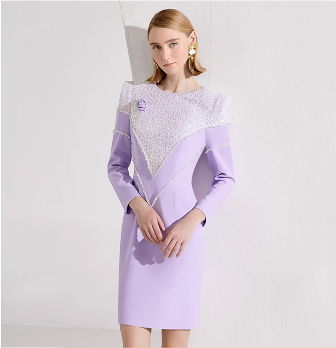 long-sleeve mini dress with sequined yoke and shoulder rose – LILIA