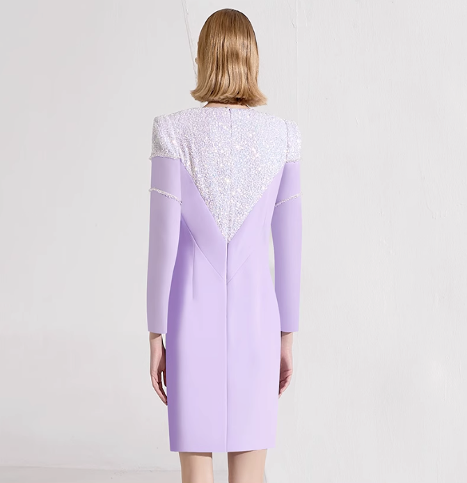 long-sleeve mini dress with sequined yoke and shoulder rose – LILIA