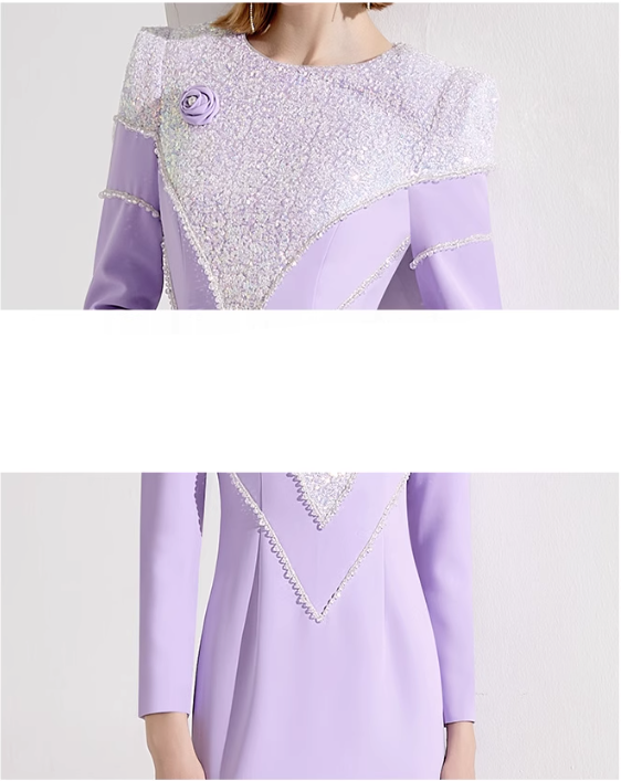 long-sleeve mini dress with sequined yoke and shoulder rose – LILIA