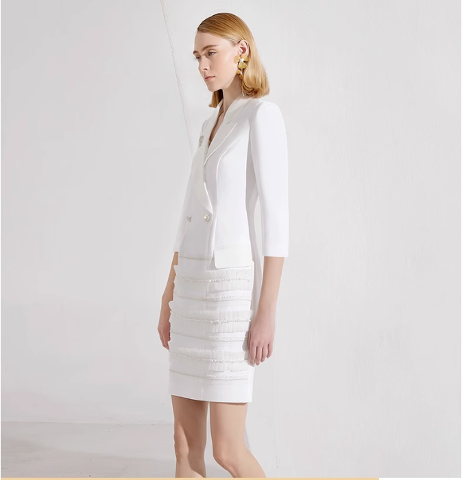double-breasted mini dress with fringe skirt – DELIA