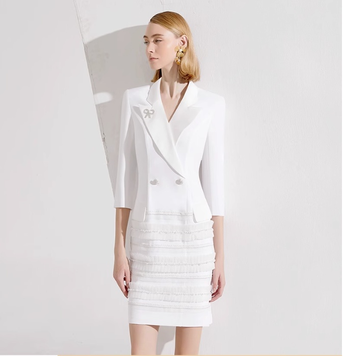 double-breasted mini dress with fringe skirt – DELIA