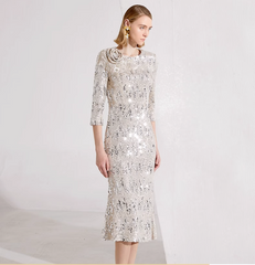 sequin midi dress with back cutout and floral applique – NURA