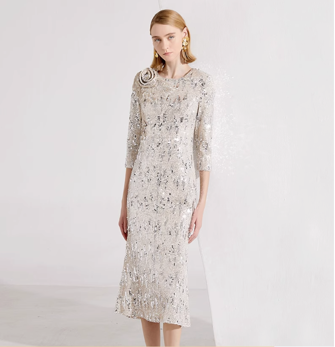sequin midi dress with back cutout and floral applique – NURA