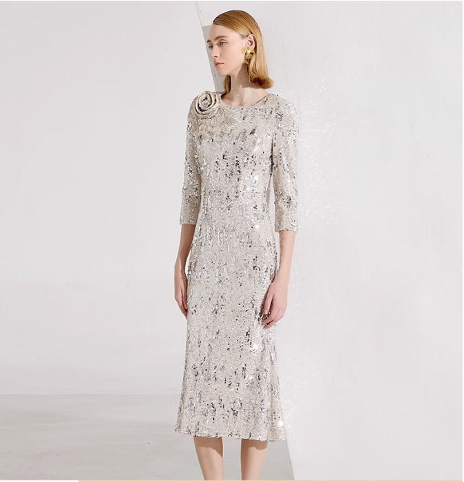 sequin midi dress with back cutout and floral applique – NURA