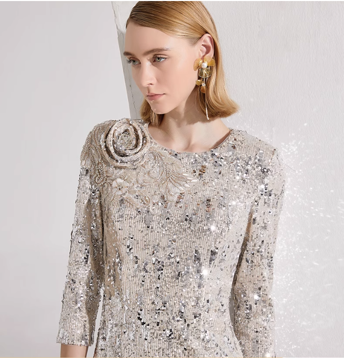 sequin midi dress with back cutout and floral applique – NURA