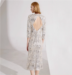 sequin midi dress with back cutout and floral applique – NURA