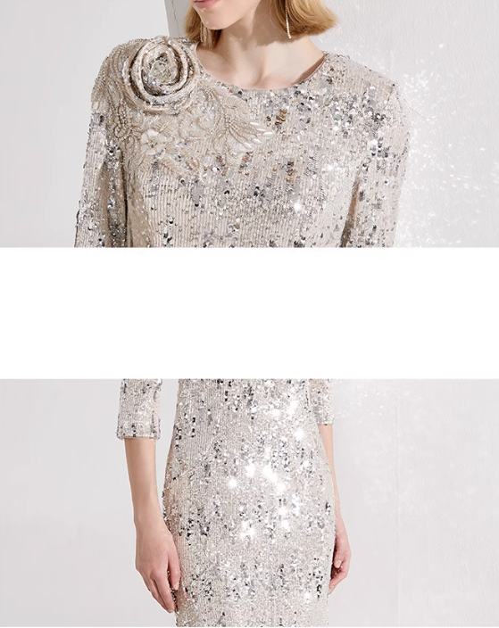 sequin midi dress with back cutout and floral applique – NURA