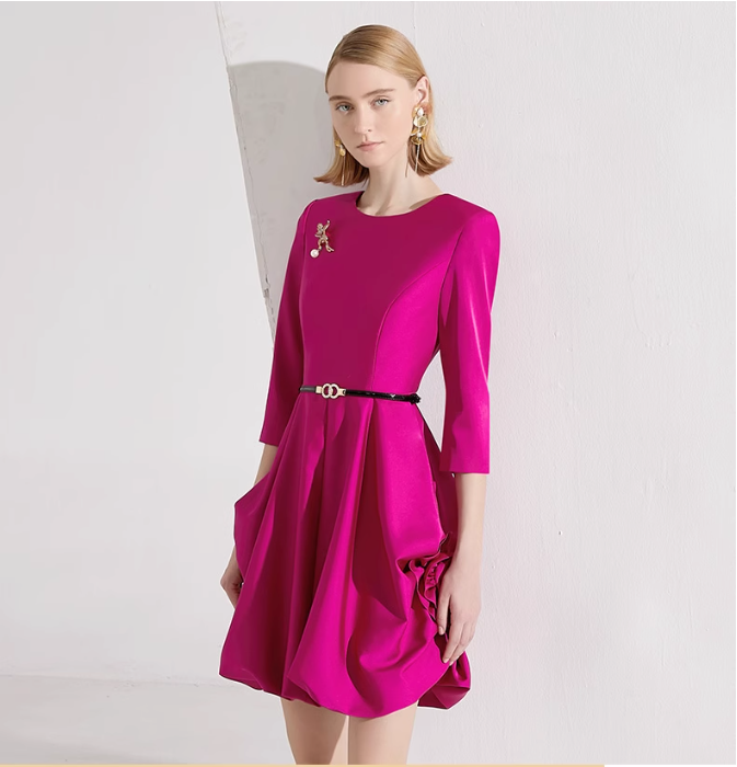 balloon hem mini dress with 3/4 sleeves and pin detail – FAYE