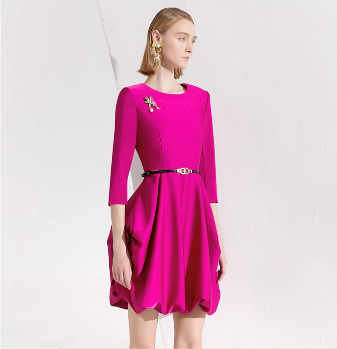 balloon hem mini dress with 3/4 sleeves and pin detail – FAYE