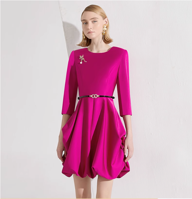 balloon hem mini dress with 3/4 sleeves and pin detail – FAYE
