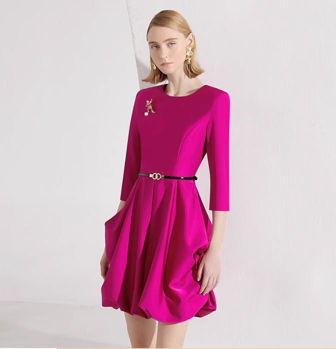 balloon hem mini dress with 3/4 sleeves and pin detail – FAYE