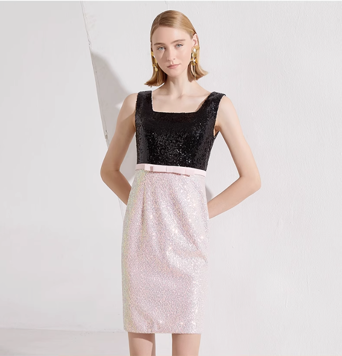 Three-quarter sleeve blazer with sequin lapel and floral embroidery, paired with fitted sequin mini dress – REEMA