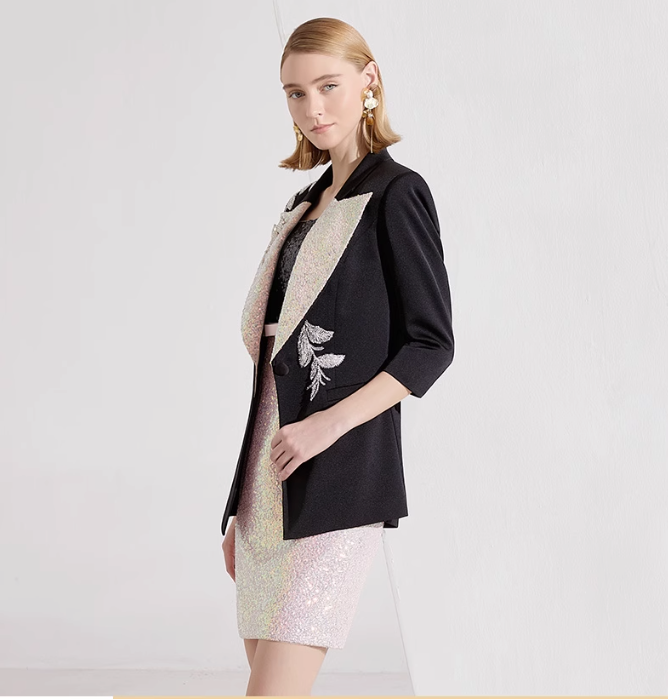 Three-quarter sleeve blazer with sequin lapel and floral embroidery, paired with fitted sequin mini dress – REEMA