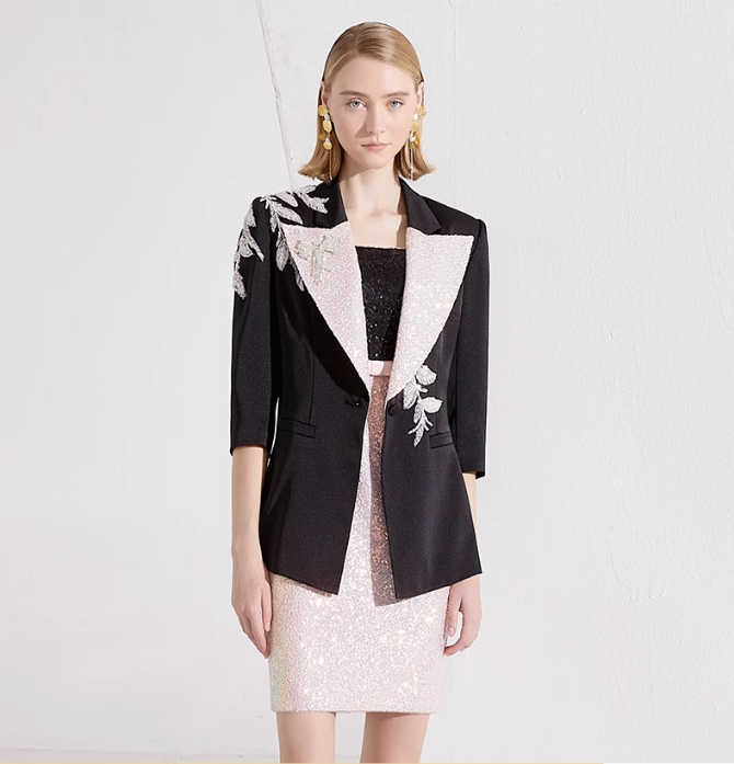 Three-quarter sleeve blazer with sequin lapel and floral embroidery, paired with fitted sequin mini dress – REEMA