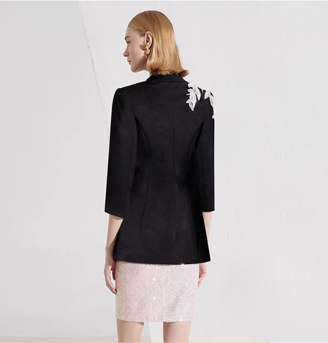 Three-quarter sleeve blazer with sequin lapel and floral embroidery, paired with fitted sequin mini dress – REEMA