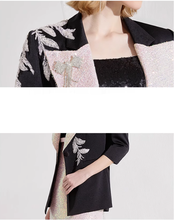 Three-quarter sleeve blazer with sequin lapel and floral embroidery, paired with fitted sequin mini dress – REEMA