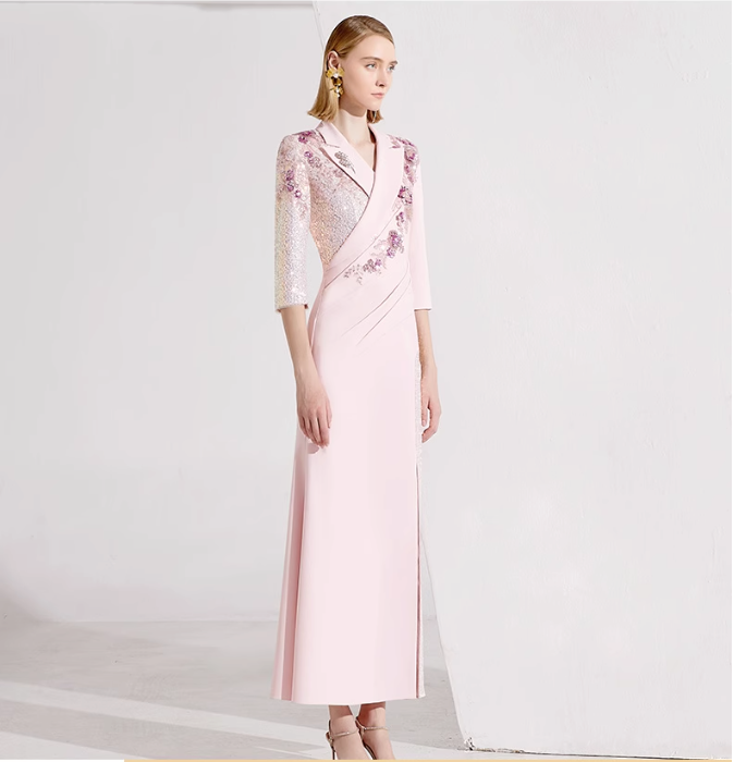 three-quarter sleeve wrap gown with sequin lapel and floral appliqué – ALINA