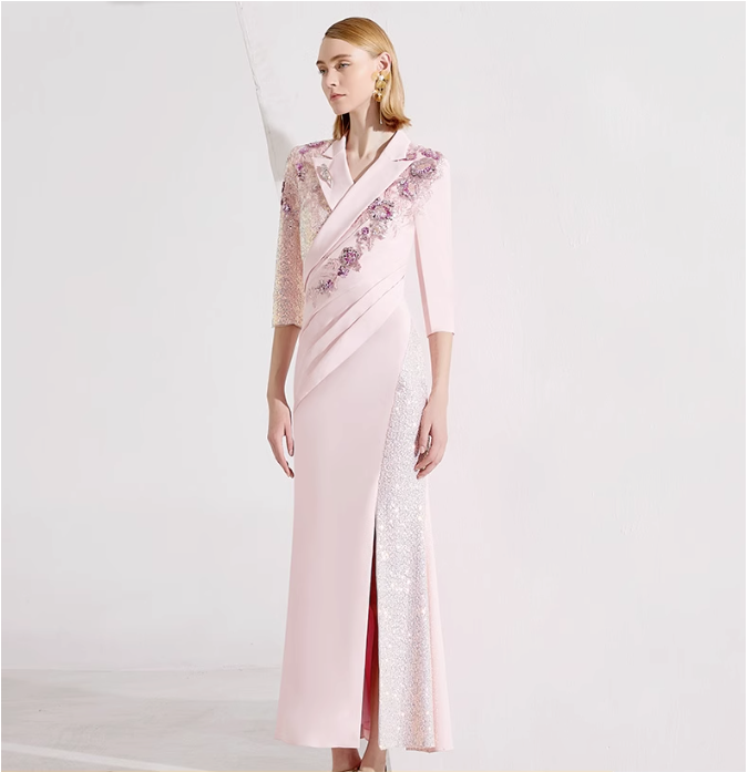three-quarter sleeve wrap gown with sequin lapel and floral appliqué – ALINA