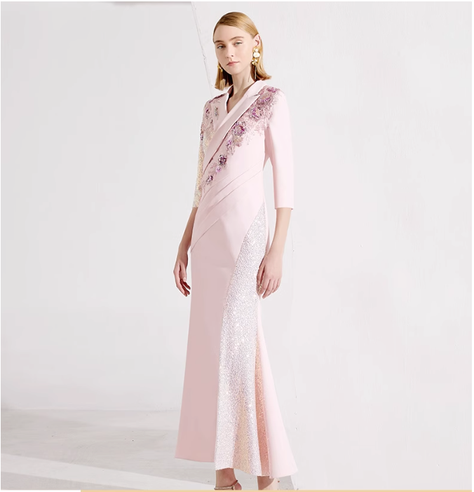 three-quarter sleeve wrap gown with sequin lapel and floral appliqué – ALINA