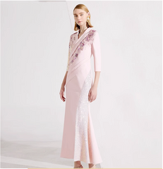 three-quarter sleeve wrap gown with sequin lapel and floral appliqué – ALINA