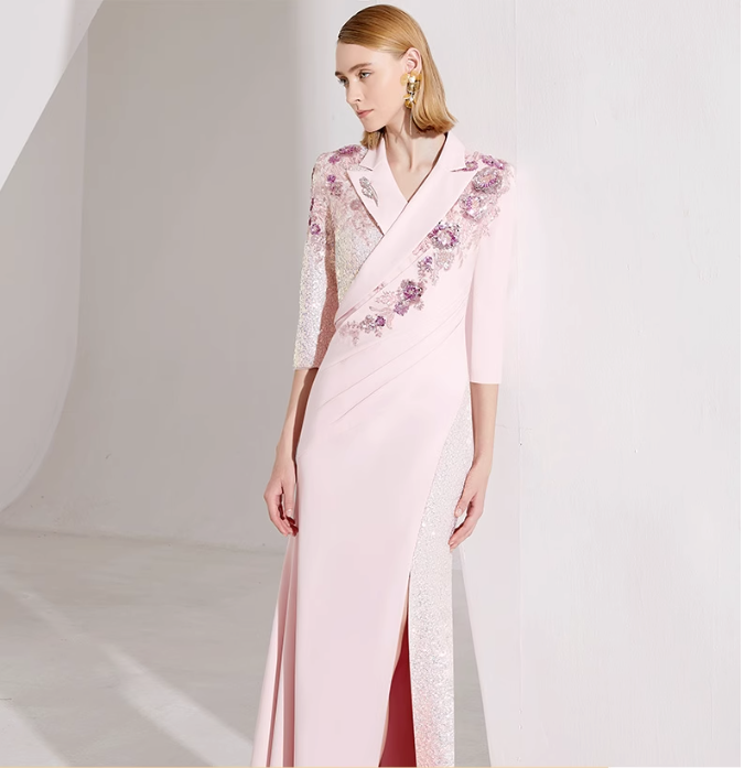 three-quarter sleeve wrap gown with sequin lapel and floral appliqué – ALINA