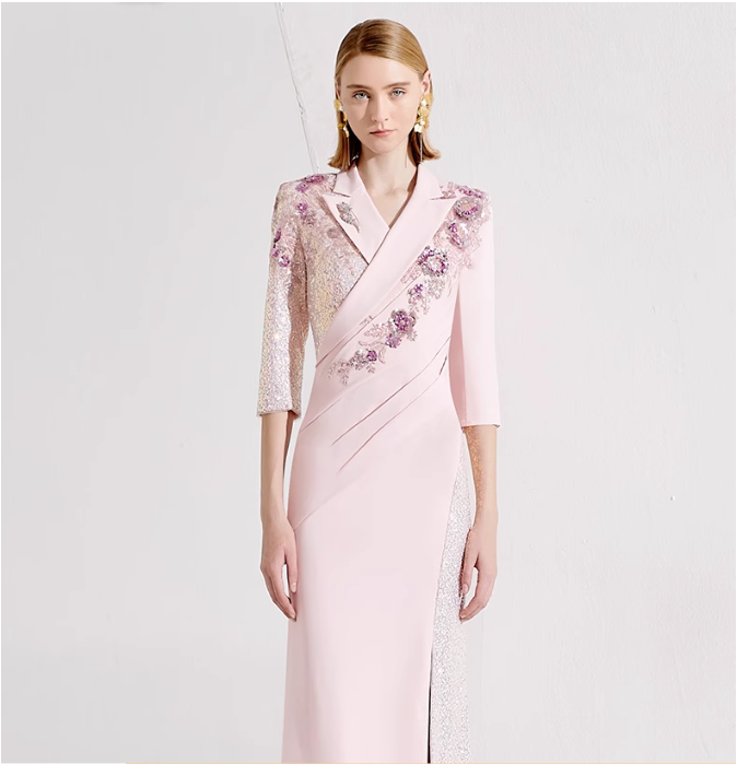 three-quarter sleeve wrap gown with sequin lapel and floral appliqué – ALINA