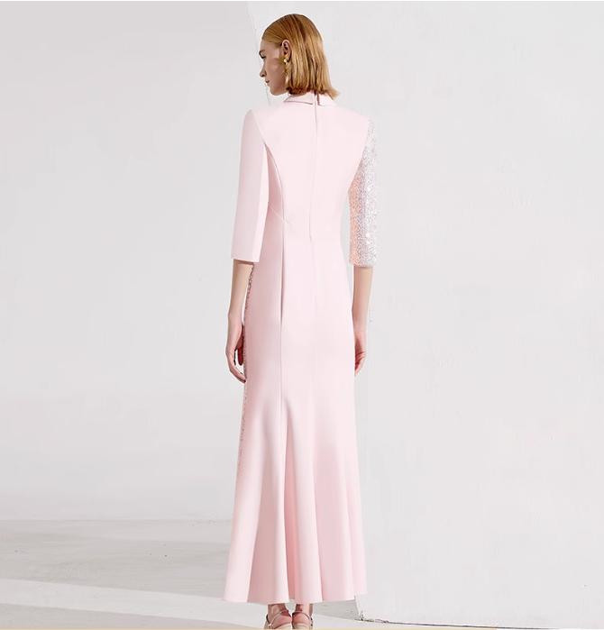 three-quarter sleeve wrap gown with sequin lapel and floral appliqué – ALINA