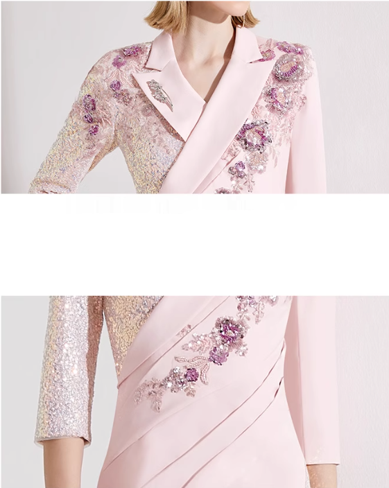 three-quarter sleeve wrap gown with sequin lapel and floral appliqué – ALINA