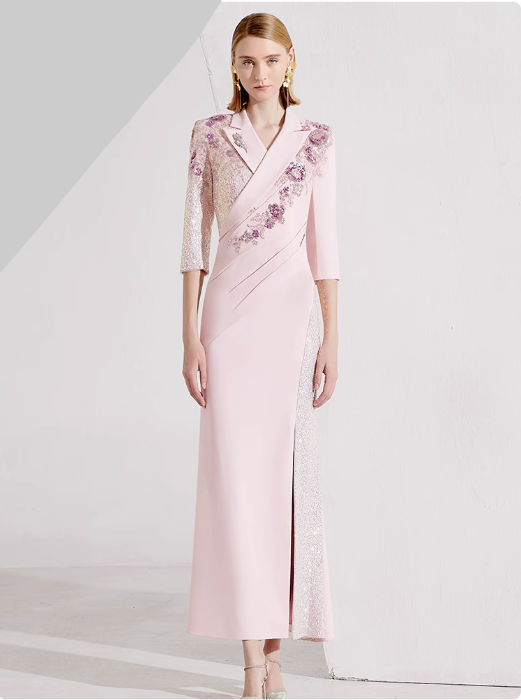 three-quarter sleeve wrap gown with sequin lapel and floral appliqué – ALINA