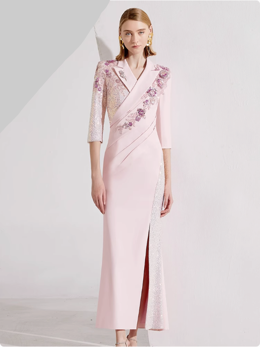 three-quarter sleeve wrap gown with sequin lapel and floral appliqué – ALINA
