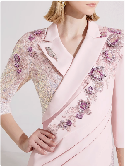 three-quarter sleeve wrap gown with sequin lapel and floral appliqué – ALINA