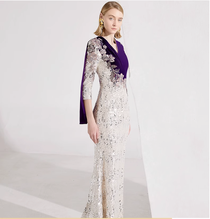 sequin mermaid dress with velvet shoulder cape - MAISA